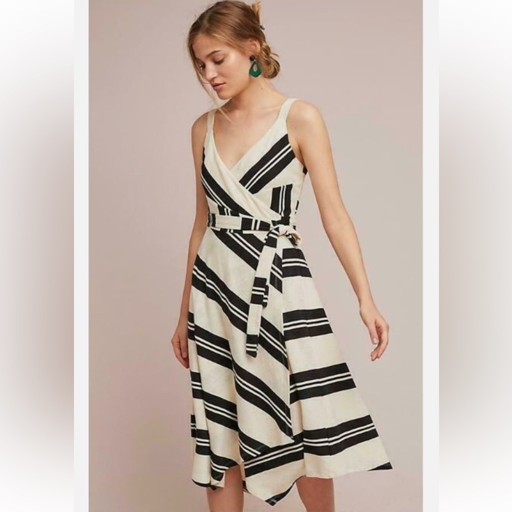 NWOT Anthropologie Rosaria Wrap Black and Cream Striped Midi Dress